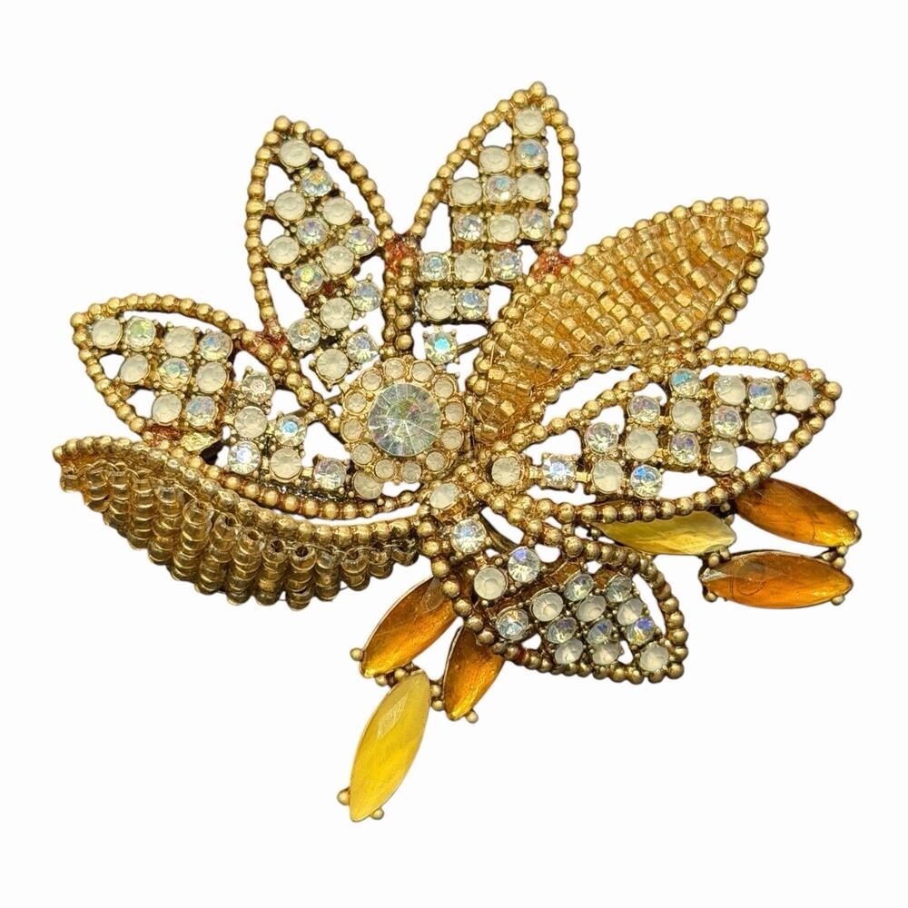 Vintage Liz Claiborne Gold Tone Amber Marquise AB Aurora Borealis Floral Brooch